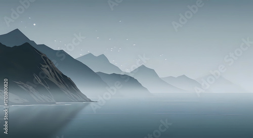 Serene Misty Mountain Landscape with Calm Lake Reflecting Dark Peaks