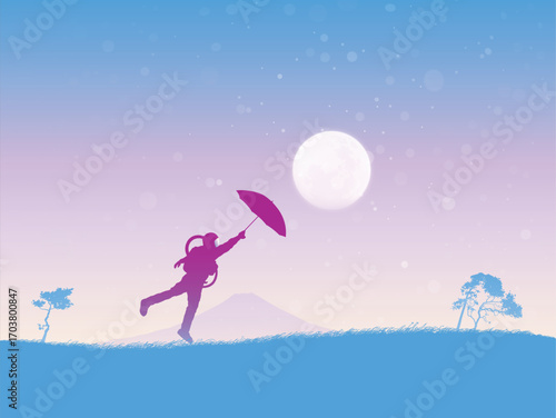 Astronaut in rainy weather. Man with umbrella. Cosmonaut silhouette