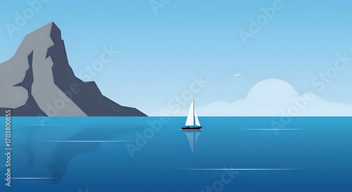 Sailboat Navigating Calm Blue Sea with Majestic Mountain Cliff in Background