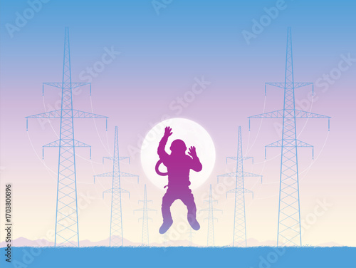 Flying astronaut. Cosmonaut silhouette and sun. Man on red planet