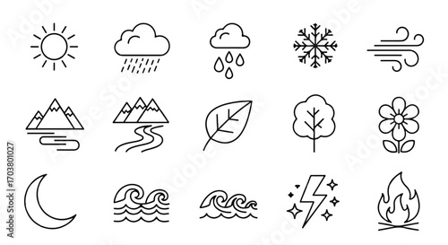 A versatile set of thin line icons depicting weather phenomena and natural elements like sun, mountains, wind, and fire