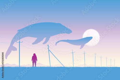 Lonely astronaut. Flying whale in sky. Fantastic animal. Sci Fi