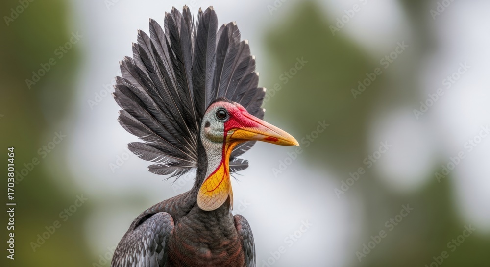 Naklejka premium Close-up portrait of a maleo bird with its distinctive fan-like crest, red and yellow facial markings, and long yellow beak, against a blurred natural background.