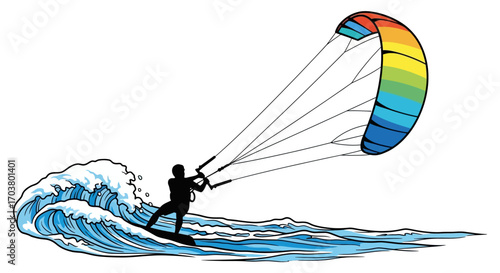 A vibrant illustration captures the thrilling summer sport of windsurfing on the ocean, with a windsurfer expertly sailing a boat across the waves