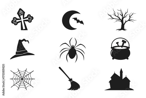 Collection of Halloween icons set silhouette vector art illustration.