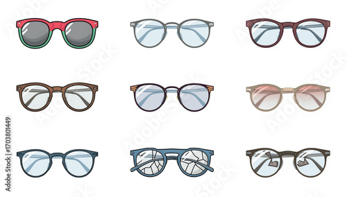 A vector illustration of various eyeglasses, sunglasses, and spectacles with black frames, showcasing a set of fashionable eyewear designs isolated on a white background