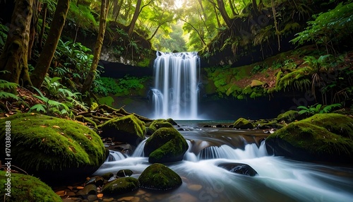 A breathtaking forest scene showcases a majestic waterfall cascading into a serene pool surrounded by lush greenery and mossy rocks. The sunlight creates a magical ambiance
