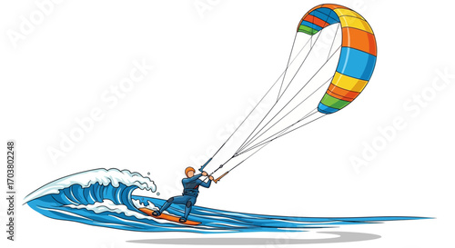 Kite surfing adventure on sea and beach in summer illustration