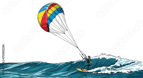 Paraglider flying over the beach and sea in the summer sky