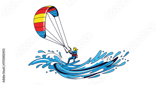 Parachute and kite flying over blue ocean with people enjoying summer water sports and beach fun