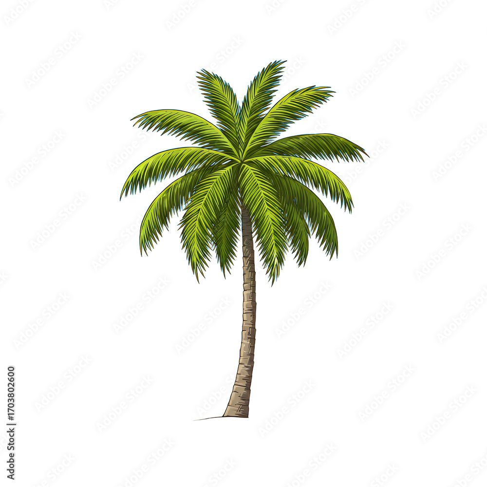 Obraz premium A detailed, realistic illustration of a tall, tropical coconut palm tree with lush green fronds and a textured brown trunk, isolated on a white background.