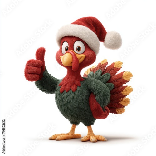 Turkey dressed for holiday cheer in festive Santa hat giving a thumbs up at Christmas time