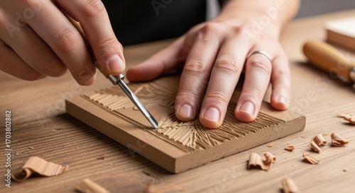 Close-up of hands carving a detailed pattern into a wooden block with a chisel, surrounded by wood shavings on a wooden table.
