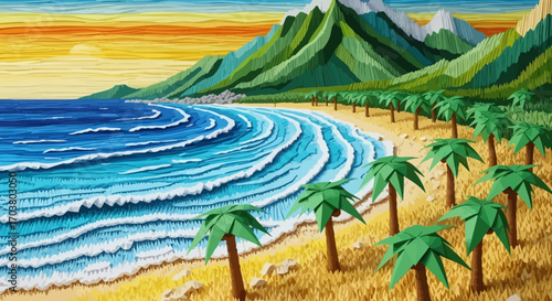 Tropical rice terraces and beach paradise landscape with palm trees and ocean view