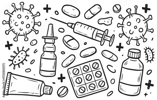 Hand drawn doodle collection of medicine and healthcare with pills, syringe, bottle, virus, isolated on transparent background, generative ai
