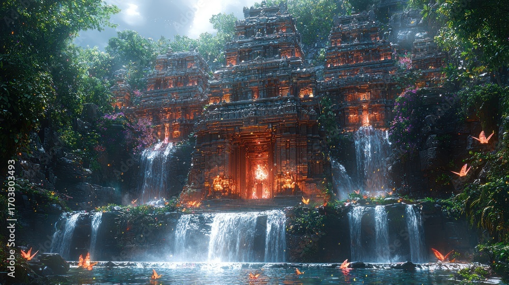 Fototapeta premium Ancient stone temple nestled in lush jungle with waterfalls.