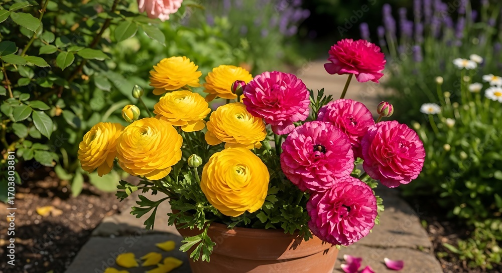 Obraz premium Vibrant Ranunculus Flowers in a Terracotta Pot Outdoors.