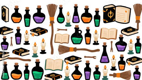 Witchcraft Items Pattern with Potions and Books