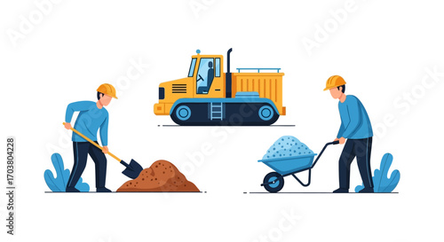 Construction worker operating excavator with shovel on industrial site with heavy machinery and vehicles