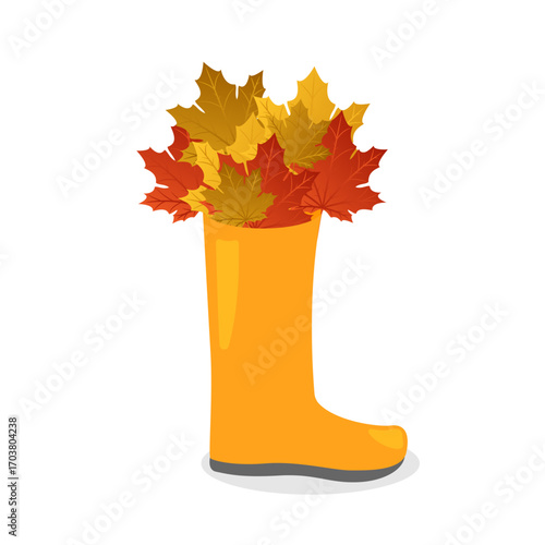 Autumn rubber boot filled with autumn maple leaves. Autumn background. Vector illustration