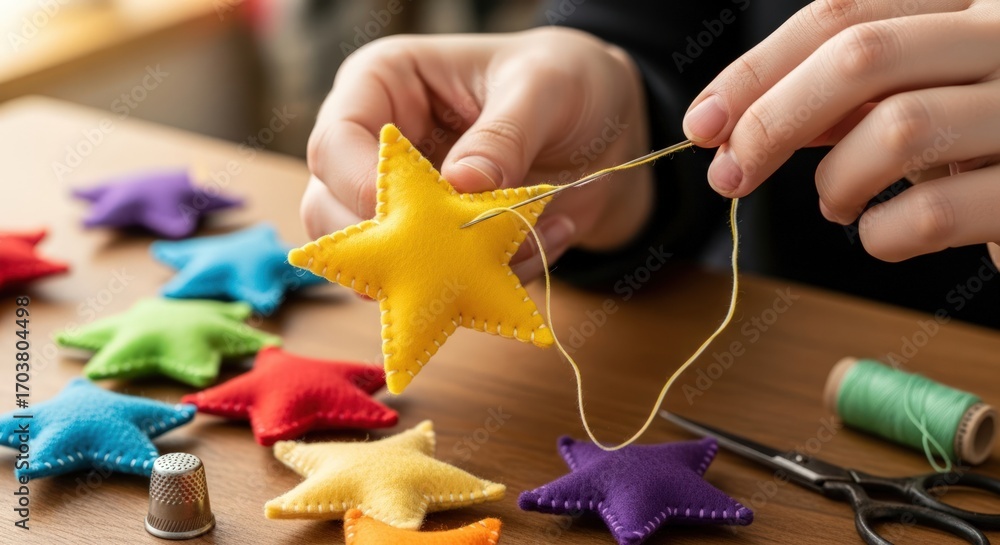 Naklejka premium Close-up of hands sewing a yellow star-shaped felt ornament with thread and needle.