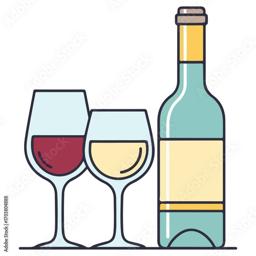Wine Glasses and Bottle Illustration - A Refreshing Beverage Scene.