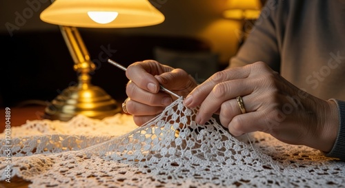 Close-up of a person's hands carefully crocheting a delicate white lace doily under the warm glow of a desk lamp.