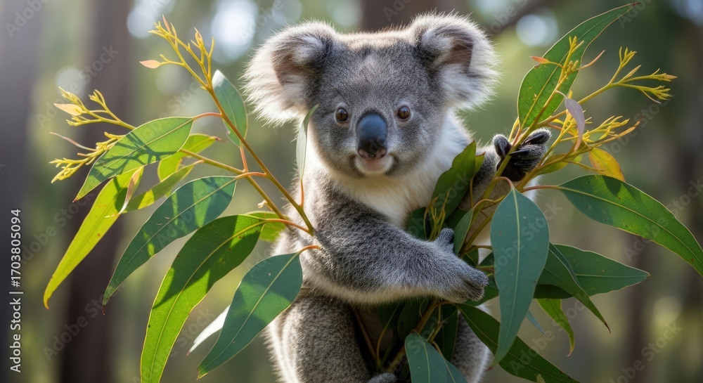 Fototapeta premium An adorable koala with soft grey fur sits peacefully amidst vibrant green eucalyptus leaves in a sunlit Australian forest.