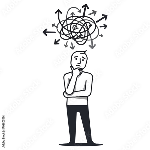Confused man with tangled thoughts and arrows illustration.