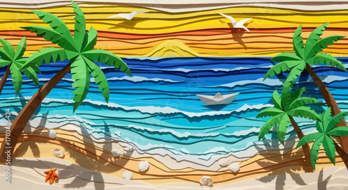 Tropical summer vacation landscape: palm trees on a sandy beach with ocean waves under the sun and sky