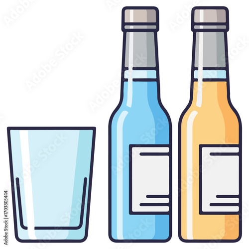 Vector illustration of two bottles and a drinking glass.