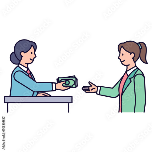 Businesswoman giving money to another businesswoman.