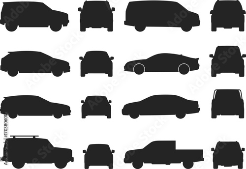 Car silhouette vector set showing front, side, and rear views of various vehicles including SUV, pickup, van, and sedan for design