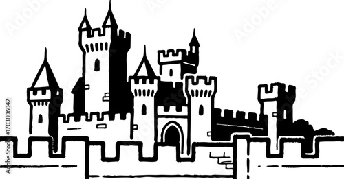 Medieval Castle Illustration in Black and White