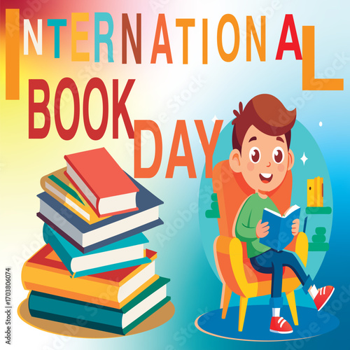 International Book Day Poster Vector with Boy Reading on Chair and Colorful Books Background