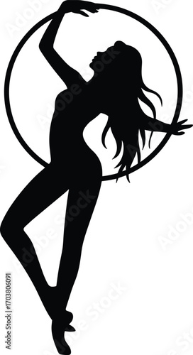 Elegant female aerial hoop silhouette vector illustration, artistic circus performer, graceful dance pose, hoop acrobatics, fitness, strength, beauty, flexibility, aerial art, silhouette design