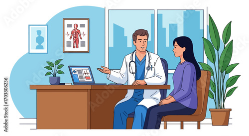 Business woman working on laptop in office cartoon illustration