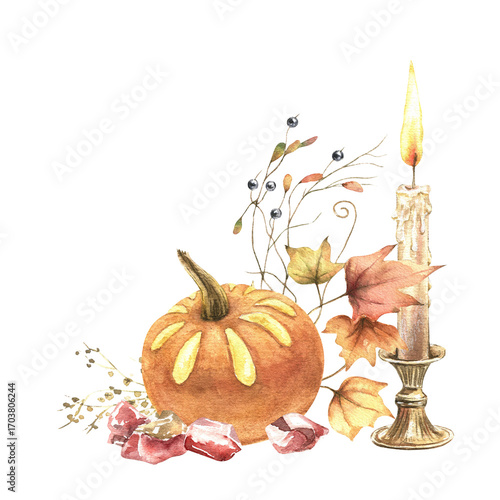Watercolor autumn pumpkin lantern, fall leaves and vintage candle illustration. Warmth holiday design. Hand drawn graphics isolated on white background. For sticker, invitation, poster, cards.
