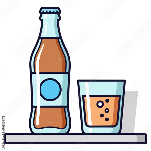 Refreshing beverage bottle and glass on a shelf.