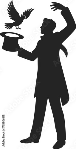 Magician silhouette performing classic trick with bird and top hat, illusionist show act, stage magic, vector art, entertainment concept, black graphic