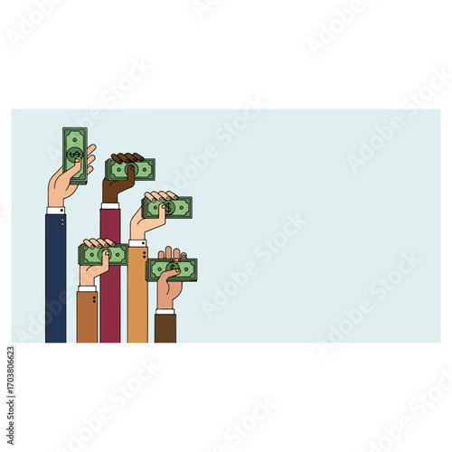 Hands Holding Money Up High Celebrating Success.