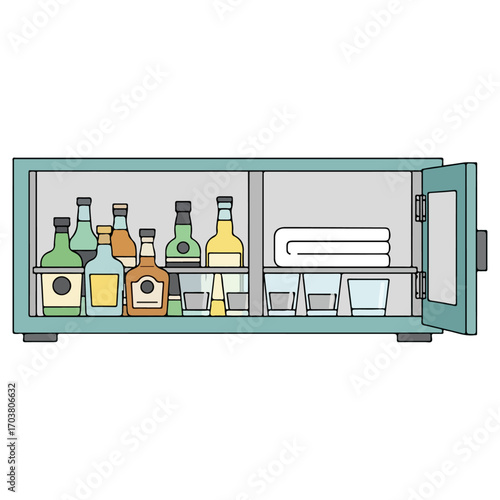 Mini Bar Cabinet with Assorted Bottles and Glasses.
