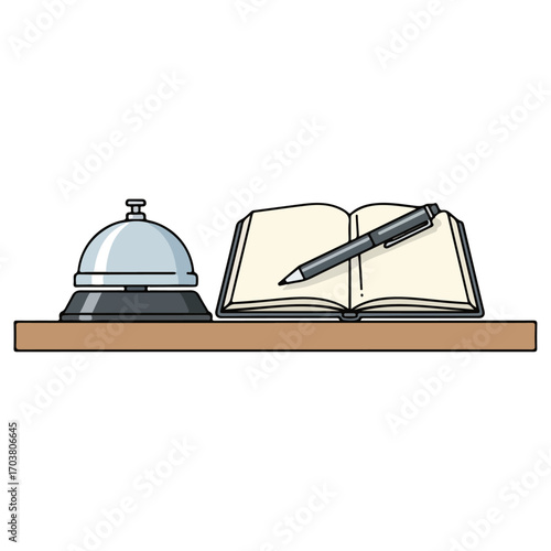 Hotel Reception Desk with Bell and Notepad.