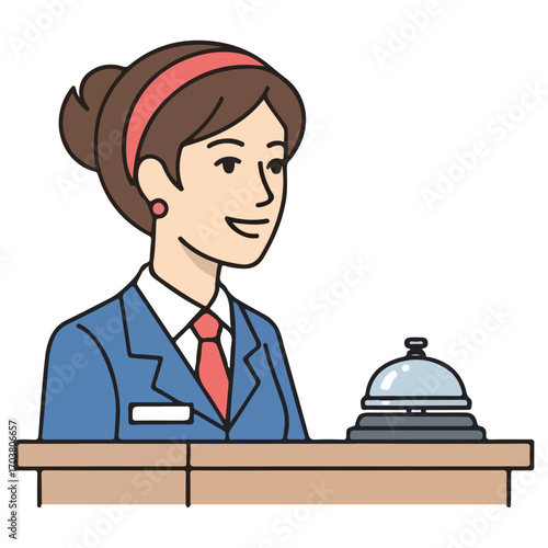 Hotel Receptionist at Desk with Bell Illustration.
