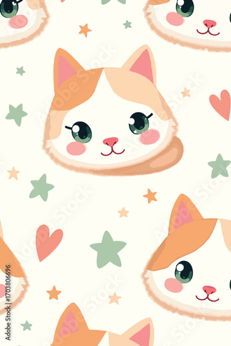 Pattern of cute orange and white cartoon cats, perfect for childrens books, stationery, prints, and products for cat lovers.

