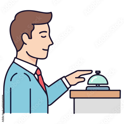 Man Ringing Service Bell at Reception Desk.