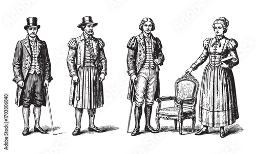 Vintage Engraving of Historical Men and Woman in Traditional Clothing