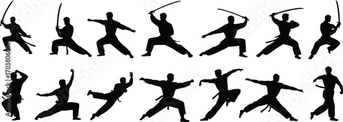 Martial arts warrior silhouettes with swords, dynamic kung fu poses, traditional samurai sword fighting, black vector illustration, action stance, Asian combat movements