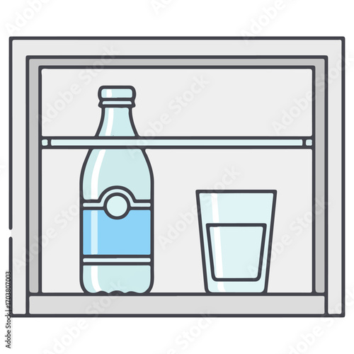 Refreshing Water Bottle and Glass in Refrigerator.