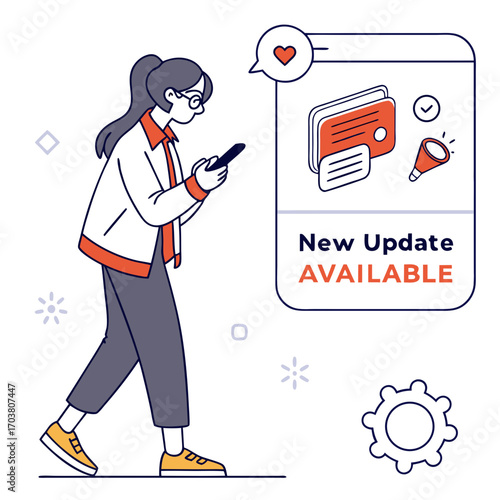 A young woman with glasses and a ponytail walks while looking at her smartphone receiving a notification about a new update available for her digital wallet app